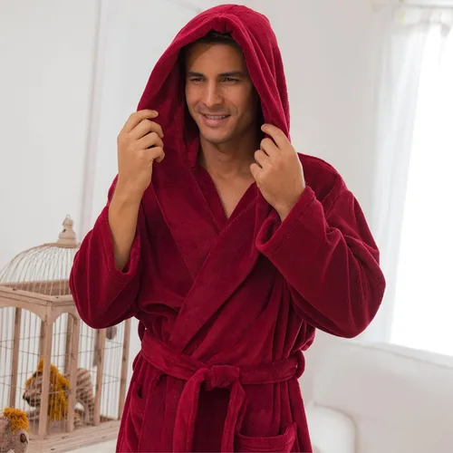 Vista 4 de Alexander Del Rossa Bata de baño de vellón suave con capucha para hombre, bata larga y cálida con capucha