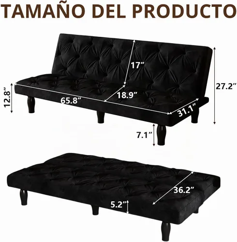 Vista 2 de Anwick Sofá cama futón 3 en 1, sofá cama de terciopelo de 66 pulgadas con respaldo ajustable, sofá reclinable multifuncional para espacios pequeños