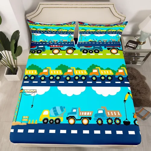 Vista 25 de Juego de sábanas bajeras ajustables para niños, diseño de caricaturas, camiones, tamaño individual, juegos de ropa de cama de excavadoras, camiones