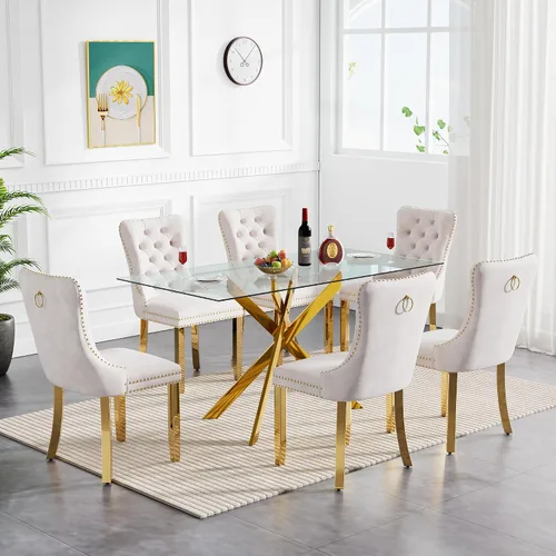 Vista 12 de Juego de mesa de comedor de cristal para cocina de 4, 5 piezas, mesa de comedor rectangular de 51 pulgadas con 4 sillas de cocina de terciopelo