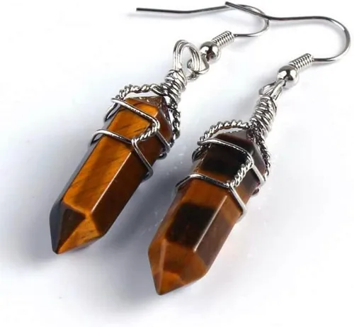 Vista 4 de Amatista de cristal curativo natural envuelta en alambre, chakra hexagonal gancho colgante ojo de tigre para mujer, joyería TQ42E (ópalita ópala)