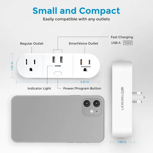 Vista 5 de Emerson SmartVoice - Enchufe de pared 4 en 1, tomacorriente inteligente controlado por voz con 2 salidas de CA y 2 puertos USB-A, sin WiFi, sin