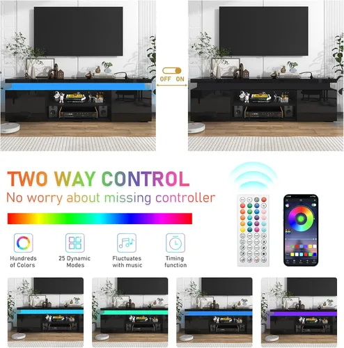 Vista 5 de Hlivelood Soporte de TV LED para TV de 75 pulgadas, moderno soporte de TV con toma de corriente, consola de TV de alto brillo con almacenamiento