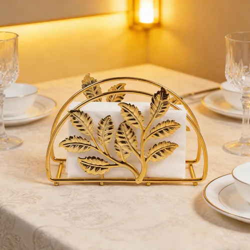 Vista 3 de Servilletero de metal dorado con diseño de hojas, soporte dispensador de pañuelos compacto para cocina, mesa de comedor, restaurante y uso en fiestas