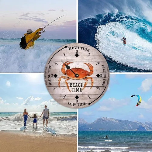 Vista 8 de Reloj de marea vintage de playa, hora de playa, cangrejo oceánico, reloj de madera, reloj de marea de madera, reloj de marea alta y baja, reloj