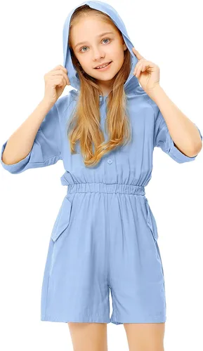 Vista 4 de LIONJIE Enterizo de verano para niñas con pantalones cortos sin mangas con volantes, cuello en V con capucha y bolsillos laterales para niños