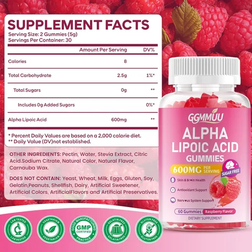 Vista 2 de Gomitas de ácido alfa lipoico 600 mg, sin azúcar, sabor frambuesa