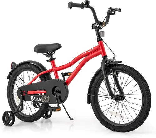 Vista 19 de BABY JOY Bicicleta deportiva de 12, 14, 16, 18 pulgadas, con ruedas de entrenamiento, asiento ajustable, freno de mano y freno de posavasos