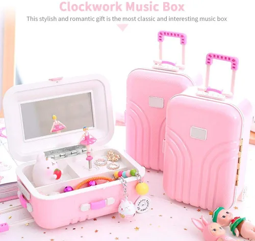 Vista 3 de Walfront Caja de almacenamiento de joyas musicales para niña caja de música con diseño de maleta bonita maleta rosa modelo de joyería regalo