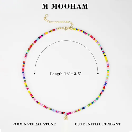 Vista 5 de M MOOHAM Collares con iniciales de cuentas coloridas para niñas, mujeres y niños, lindo collar de letras bohemias con cuentas delicadas, joyería