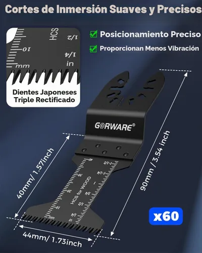 Vista 2 de GORWARE Cuchillas multiherramienta, 60 cuchillas de dientes japonesas para madera y plástico, cuchillas oscilantes universales para Milwauke, Worx