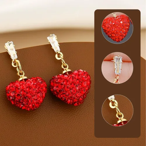 Vista 3 de Pendientes de San Valentín para ella, aretes de cuentas de diamantes de imitación de corazón rojo, camisas de atuendo para mujer, accesorios