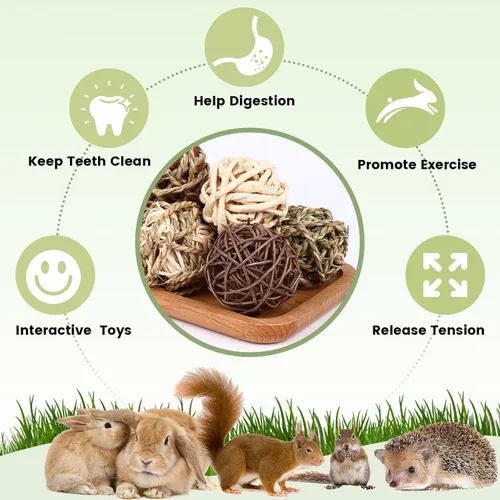 Vista 4 de William Craft Bolas de hierba masticable de conejo, 6 piezas de juguetes masticables para animales pequeños, juguetes naturales para masticar
