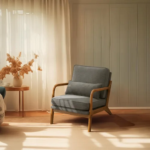 Vista 18 de Bonnlo - Silla de acento moderna de mediados de siglo con tela de lino beige, sillones de descanso con acolchado de madera maciza para sala