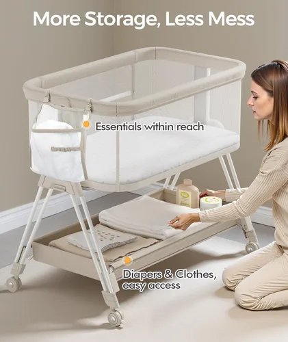 Vista 3 de Fodoss Moisés para bebé con ruedas, bandeja de almacenamiento, malla de 4 lados, 7 alturas ajustables, color beige