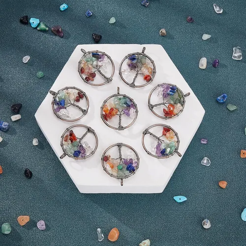 Vista 4 de SUNNYCLUE 8 dijes de árbol de la vida, piedras preciosas de cristal de cuarzo, planas, redondas, con agujero para joyería y pulsera, chakras, collar