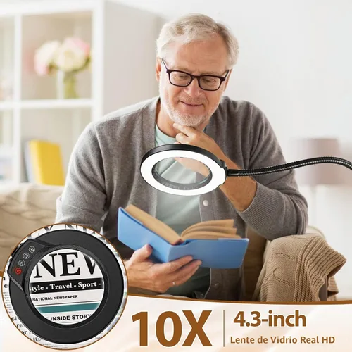Vista 3 de Lupa 10X con luz y soporte, lámpara de pie flexible de cuello de cisne de 24 pulgadas, LED 3 en 1, 5 modos de color, lupa iluminada regulable sin
