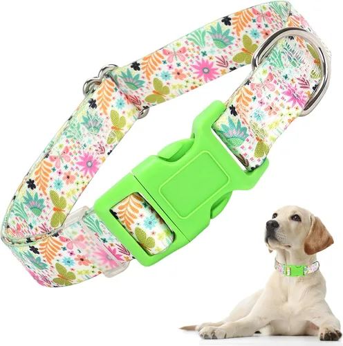 Vista 14 de Lindo collar de perro con patrones de flores verdes para perros machos y hembras, collares ajustables y cómodos para perros XS, pequeños, medianos