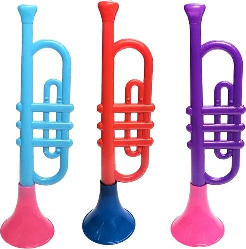 Vista 2 de Trompetas de plástico coloridas (13 pulgadas) juguetes musicales para niños, instrumentos para hacer ruido para fiestas y eventos, recuerdos