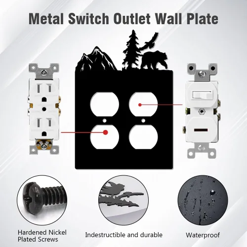 Vista 2 de Eagle & Bear - Placa de pared con interruptor de luz, doble dúplex, habitación de cabaña negra Cubiertas decorativas de metal para enchufe, se
