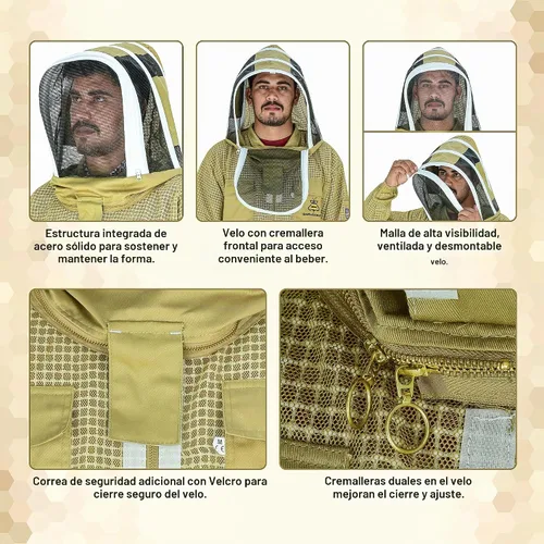 Vista 4 de Chaqueta de abeja de malla ventilada de 3 capas para hombres y mujeres con velos, chaqueta de apicultura a prueba de picaduras con guantes de cuero
