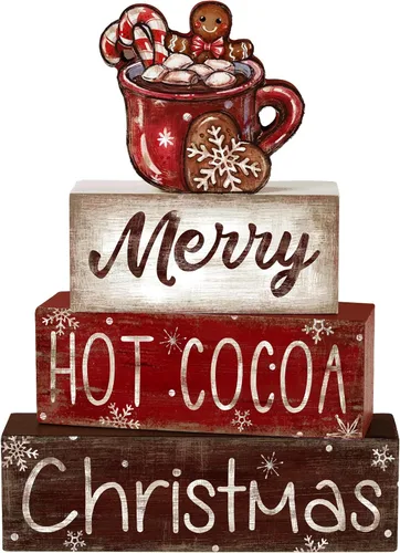 Vista 27 de DIYDEC 4 piezas de decoración de mesa de Navidad, árbol de Navidad, letrero de bloque de madera, decoración de bandeja escalonada de Navidad, pieza