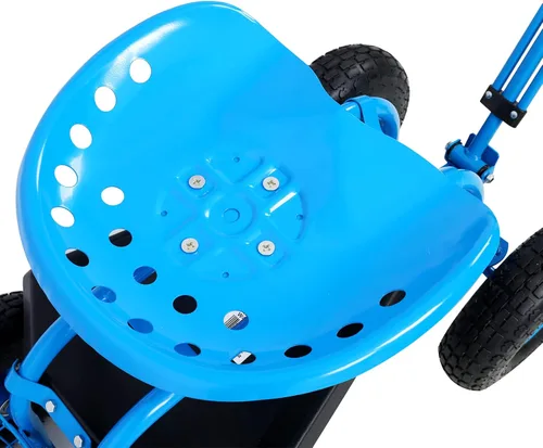 Vista 6 de Patinete con ruedas para carrito de jardín, cuenta con mango de dirección extensible, asiento giratorio y bandeja de herramientas (Azul)
