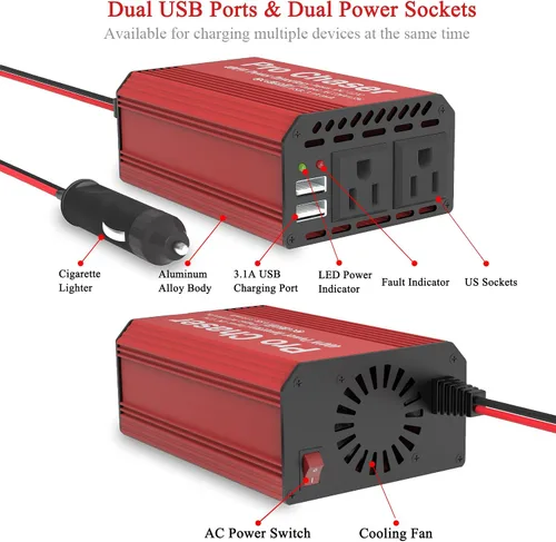 Vista 4 de Pro Chaser - Inversor de corriente para auto de 400W – Convertidor DC 12V a AC 110V con salidas AC dobles y puertos USB de 6.2A, ideal para viajes