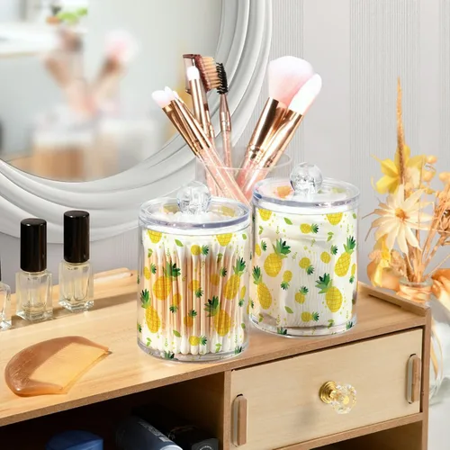 Vista 6 de Paquete de 2 tarros de boticario para baño, verano, piña, Qtip, recipiente de almacenamiento de plástico transparente con tapa para bola de algodón