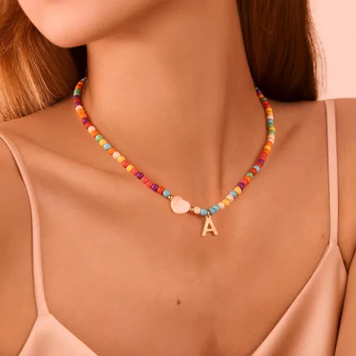 Vista 3 de Ursteel - Lindos collares coloridos con iniciales, gargantilla de cuentas de moda, regalo personalizado con iniciales para mujeres, adolescentes