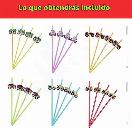 Vista 3 de 24 popotes rectos reutilizables para Monster Truck Car Fiesta de cumpleaños con 2 cepillos de limpieza, 6 pajitas de colores 6color