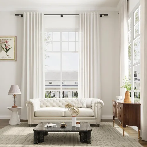Vista 17 de Cortinas de lino extralargas de 144 pulgadas de largo para sala de estar con pestaña superior, cortinas modernas estilo casa de campo de dos pisos