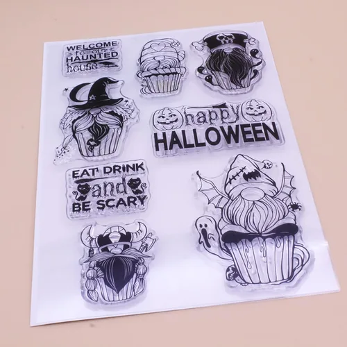Vista 3 de Happy Hallowwen - Sellos de silicona transparentes para hacer tarjetas, sellos de goma transparente para álbumes de recortes, álbum de fotos, sellos