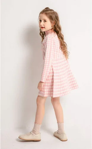 Vista 5 de SMILING PINKER Vestidos para niñas, suéter de punto de pata de gallo, vestido de invierno acampanado con cuello alto falso