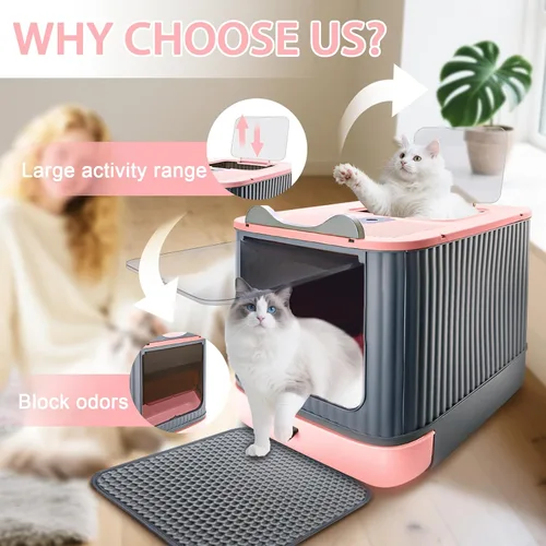 Vista 5 de Caja de arena para gatos con tapete de arena, caja de arena grande de 17"x14"x13" para gatos grandes, cajas de arena cerradas extraíbles, caja