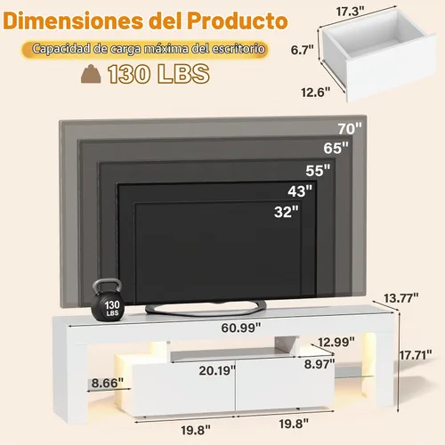 Vista 2 de YESHOMY Moderno soporte de TV LED para sala de estar con estantes de vidrio y cajón, centro de entretenimiento para dormitorio con múltiples modos