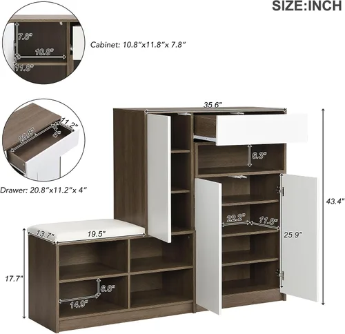 Vista 2 de LUMISOL Zapatero con asiento acolchado para entrada, organizador multifuncional de almacenamiento de zapatos con estantes ajustables, organizador