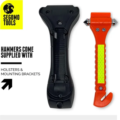 Vista 4 de Segomo Tools 2 martillos de seguridad de escape de emergencia con interruptor de ventana de coche y cortador de cinturón de seguridad - ESHM02