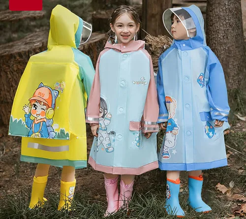 Vista 8 de Poncho de lluvia con capucha para niños y niñas, impermeable y duradero para exteriores, impermeable