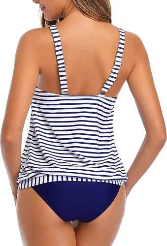 Vista 2 de Yonique Trajes de baño estilo tankini con blusón para mujer de dos piezas ajuste holgado sencillo y estampado floral