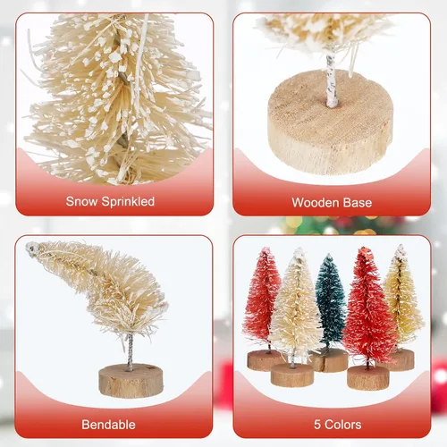 Vista 3 de Mini árboles de Navidad artificiales, cepillo para botellas, árboles helados de nieve con base de madera, árboles de mesa de plástico, adornos