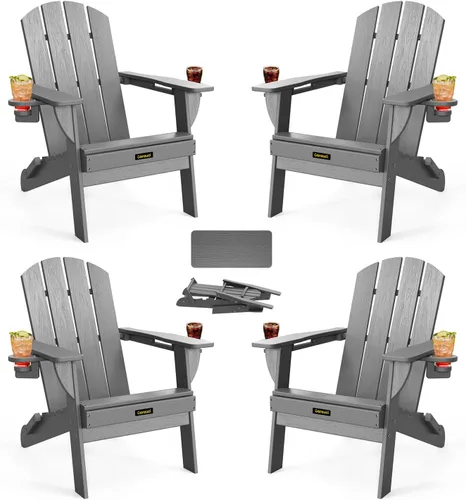 Vista 37 de Silla Adirondack Plegable, Sillas Adirondack de Plástico con Textura de Madera con 2 Portavasos, Silla para Hoguera de HDPE Resistente a