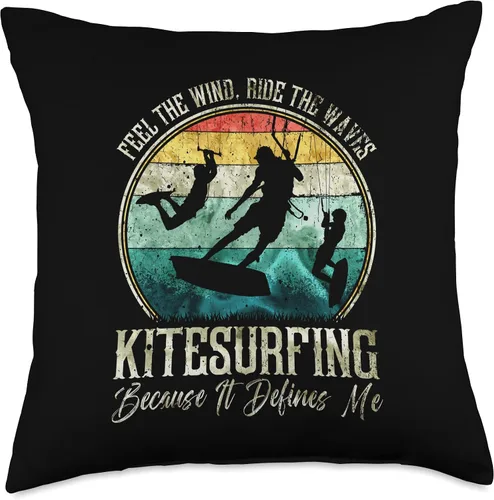 Vista 4 de Summer Kitesurf Apparel For Kitesurfers Retro Kitesurfing Feel The Wind, Ride The Waves Quote Throw Pillow, 16x16, Multicolor