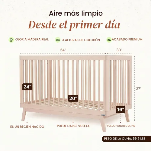 Vista 4 de dadada Soho - Cuna convertible 3 en 1 de madera maciza para bebé, madera de haya lavada