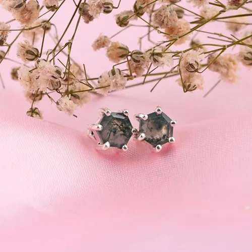 Vista 6 de Hexagon Cut moss agate studs, Natural moss agate earring, moss agate earring, nature earrings, 925 sterling silver stud,moss jewelry Free Ship