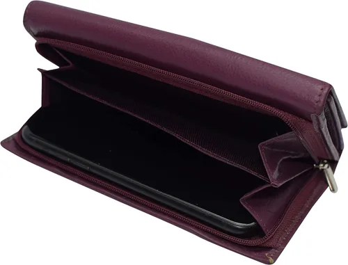 Vista 6 de Marshal Cartera de cuero genuino RFID para mujer, con cremallera alrededor del organizador de chequera para damas, Púrpura, Cartera con cremallera