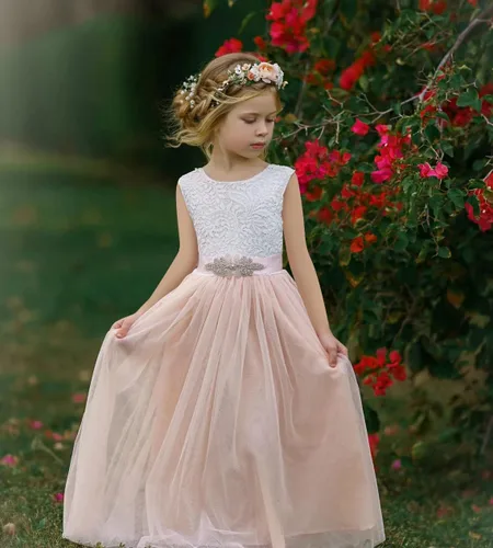 Vista 3 de MCieloLuna Vestidos de tul de longitud completa con encaje en la espalda para niña con lazo para fiesta, cumpleaños, primera comunión MC27