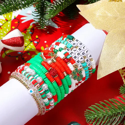 Vista 5 de Juego de 48 pulseras de Navidad apilables Heishi Surfer pulseras de Navidad con cuentas, pulseras de Navidad a granel para mujer, pulsera elástica