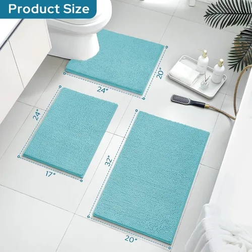 Vista 3 de BYSURE Juego de 3 alfombras de baño color azul aguamarina, antideslizantes, extra absorbentes, de felpilla, suaves, lavables Azul-aqua azul