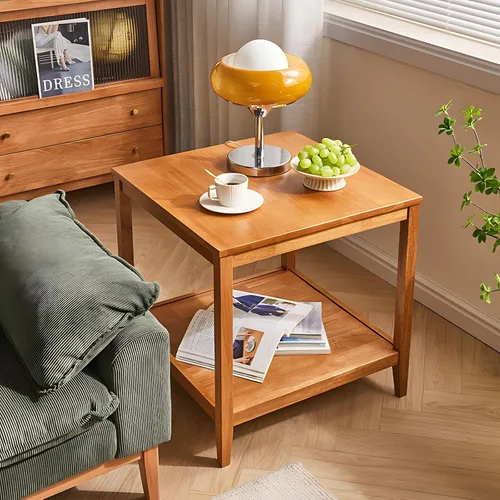 Vista 3 de Mesa auxiliar, mesa auxiliar cuadrada de madera maciza con estante de almacenamiento, mesa auxiliar de 2 niveles para sala de estar, mesa de sofá